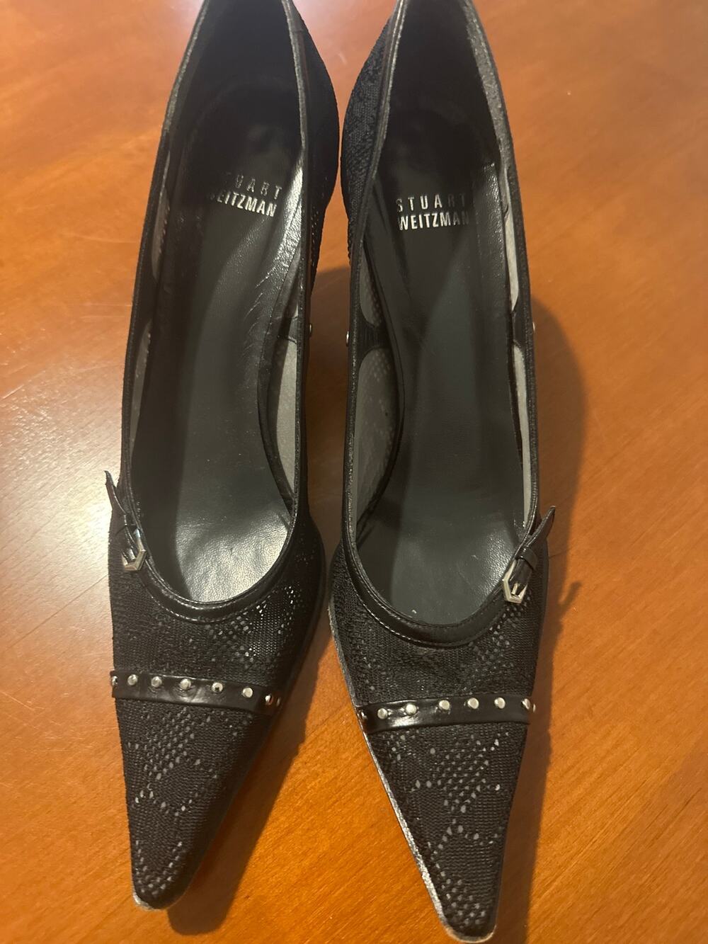 Stuart Weitzman Black Mesh Pointed Toe Studded Heels